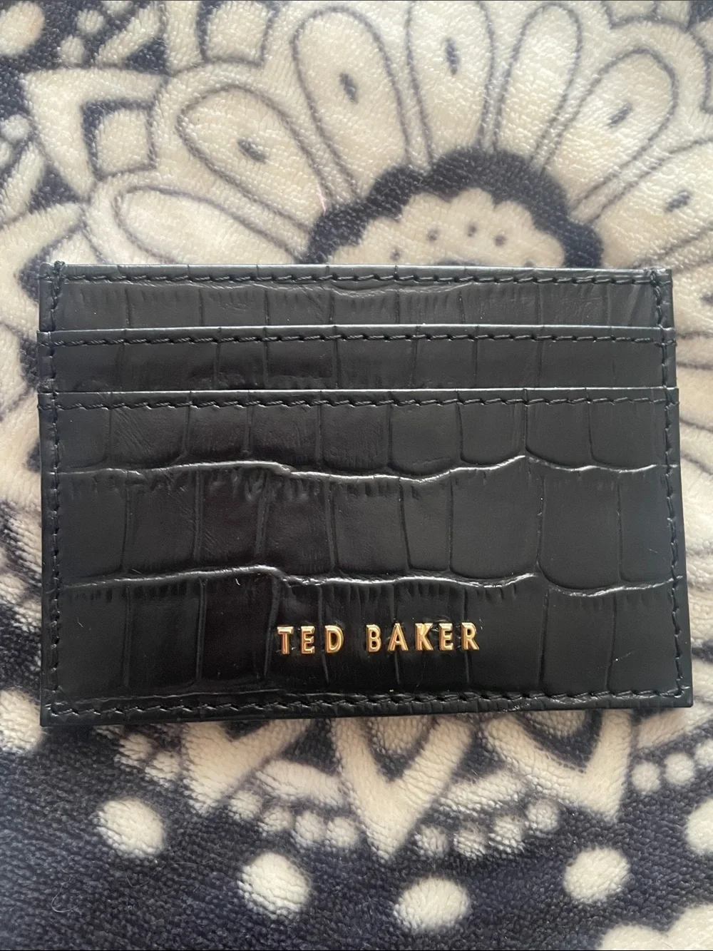 Ted Baker Black Croc Embossed Slim Card Case with Gold Logo